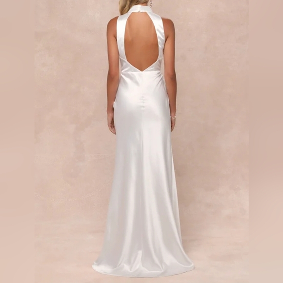 Lulus Gorgeous Vow White Satin Mock Neck Cowl Mermaid Maxi Dress, Small - Picture 4 of 11